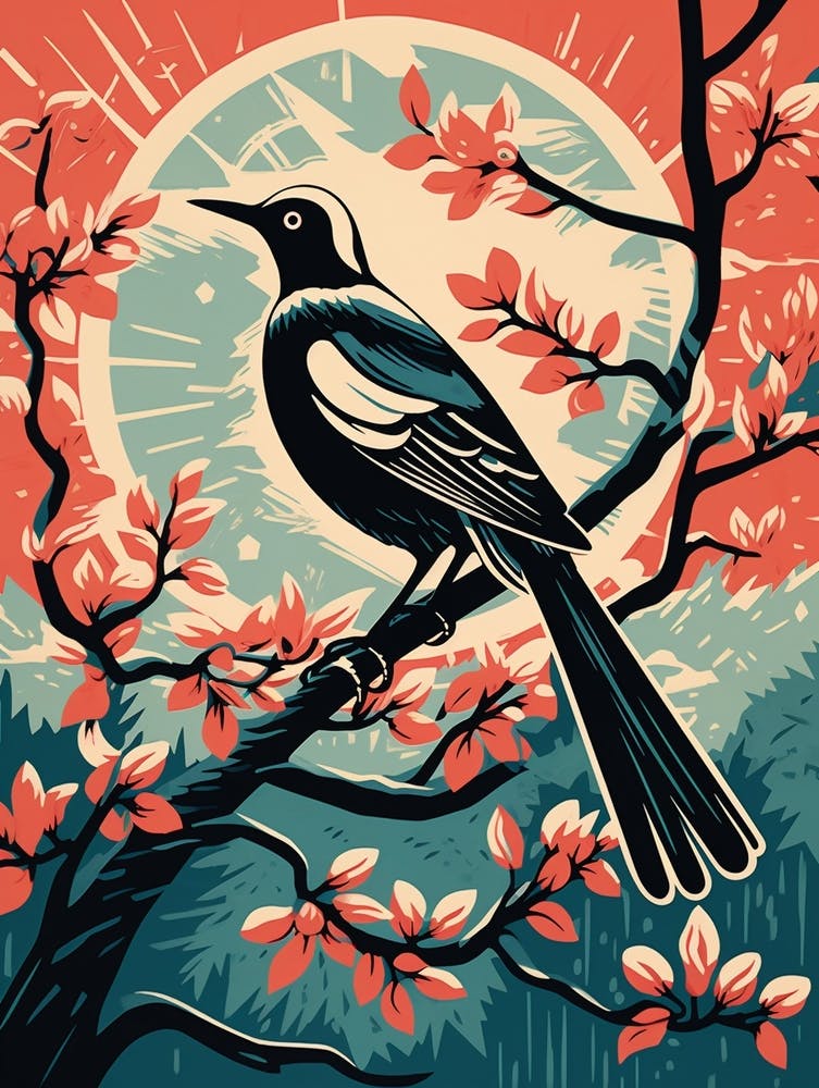 Vintage Bird Linocut Magpie 9