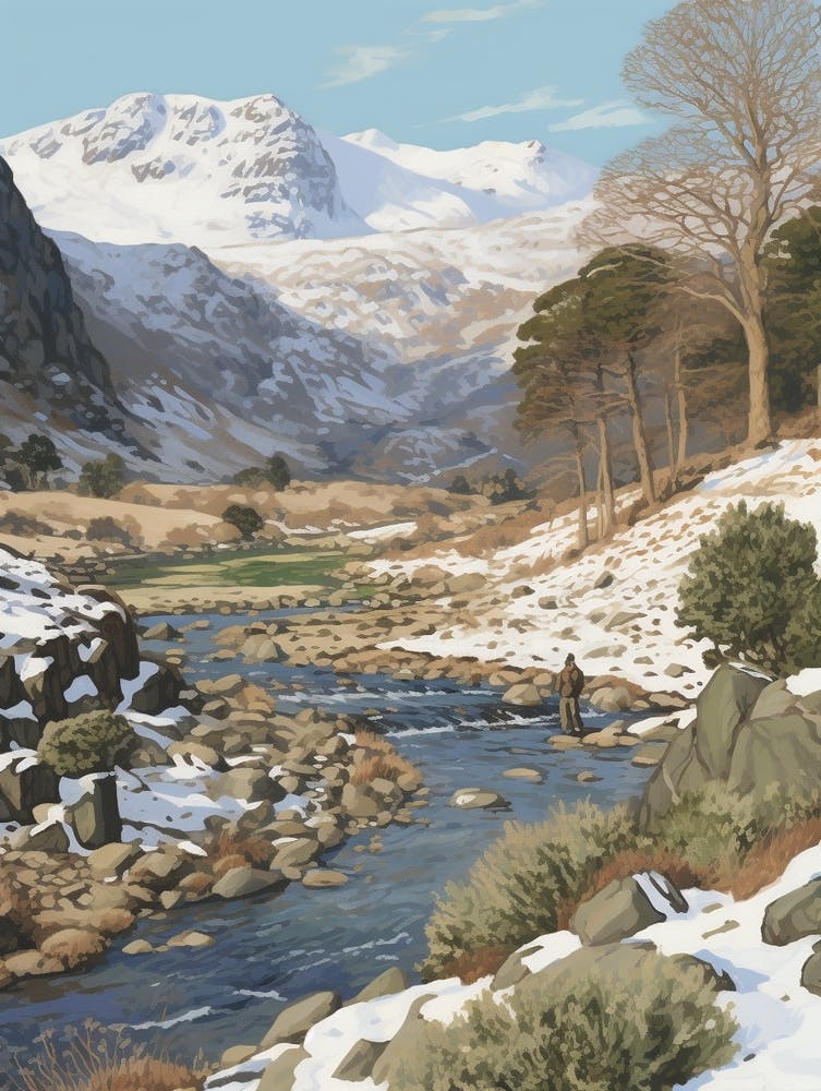 Vintage Winter Illustration Snowdonia National Park United Kingdom 3