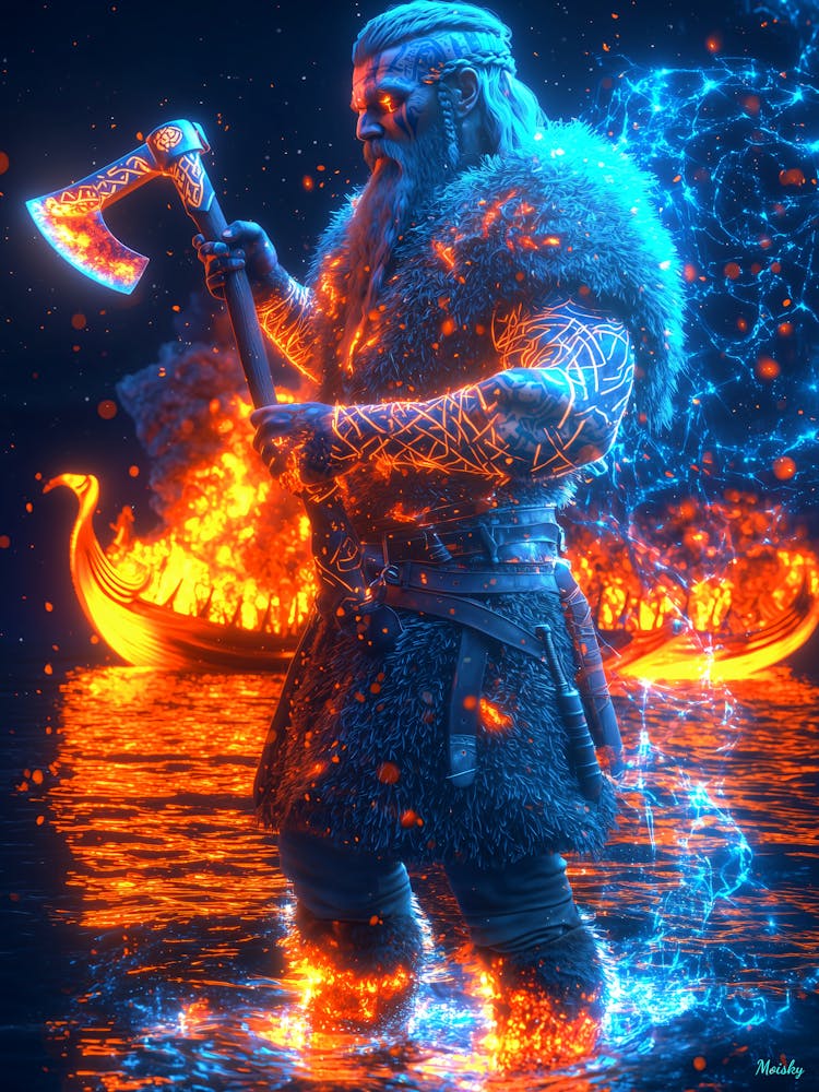 Neon Viking Berserker – Cyber Norse Warrior Poster