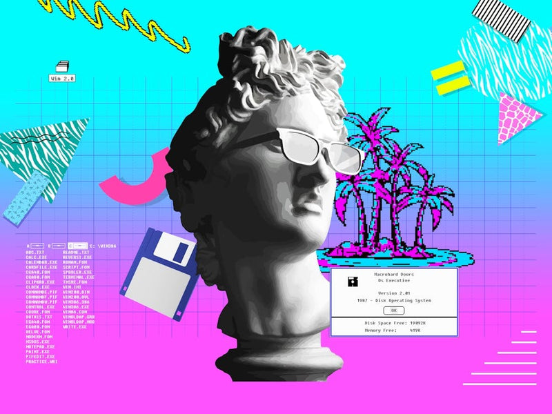 Retrowave 80s: W2.0, 1987 (synthwave/vaporwave/retrowave/cyberpunk) — aesthetic poster, retrowave poster, neon poster, Memphis Design