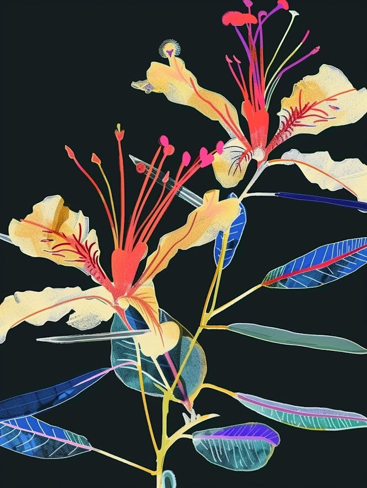 Neon Flowers On Black Peacock Flower 1