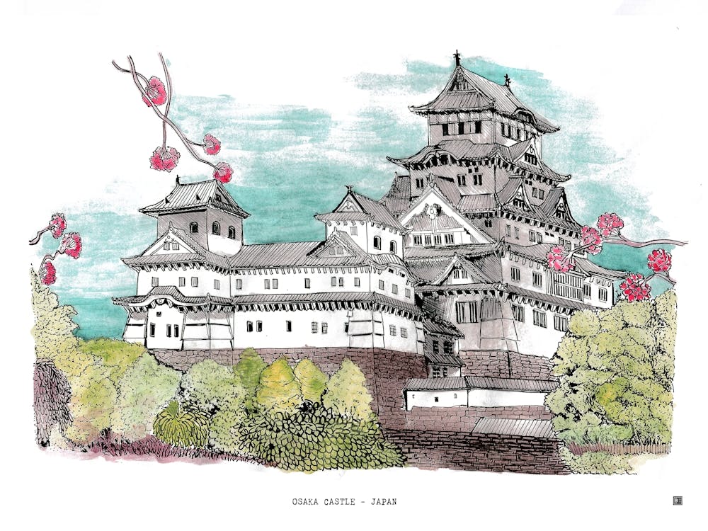 Osaka Castle Japan - Watercolor & Fine Line Illustration - Hand-Drawn Japanese Wall Art & Travel Print