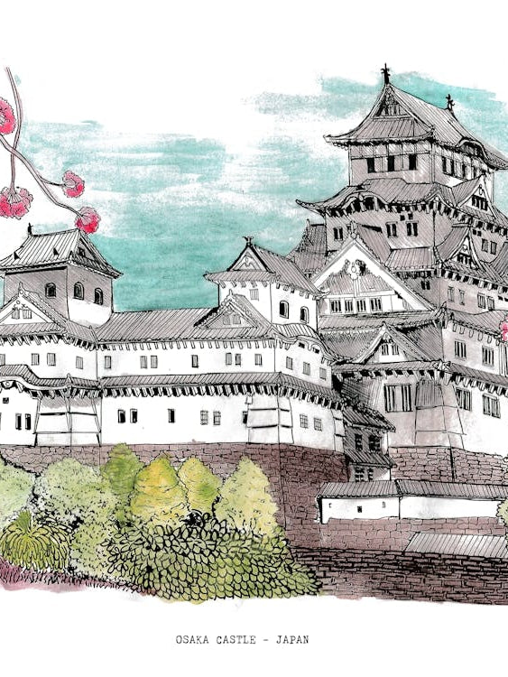 Osaka Castle Japan - Watercolor & Fine Line Illustration - Hand-Drawn Japanese Wall Art & Travel Print