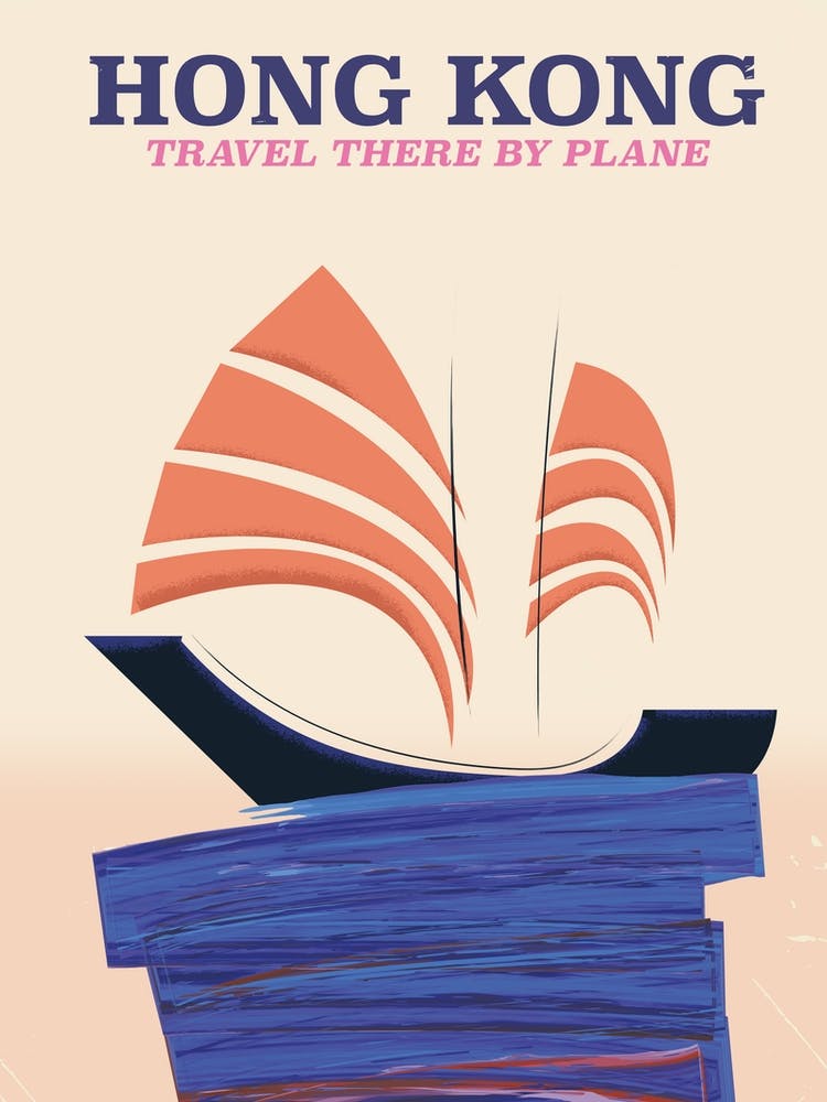 Hong Kong "Travel there by plane" Vintage style nautical travel poster.