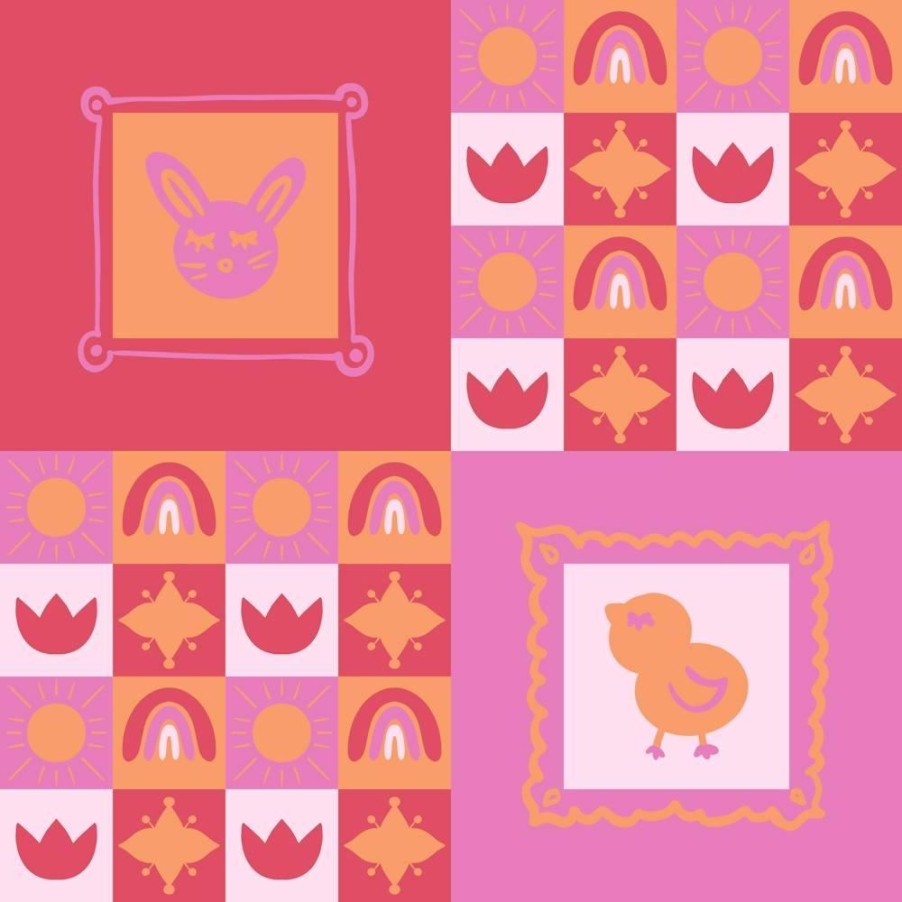 Kräftige rosa ästhetische Collage mit Huhn, Häschen, Tulpen, Sonne und Regenbogen in handgezeichneten Rahmen
