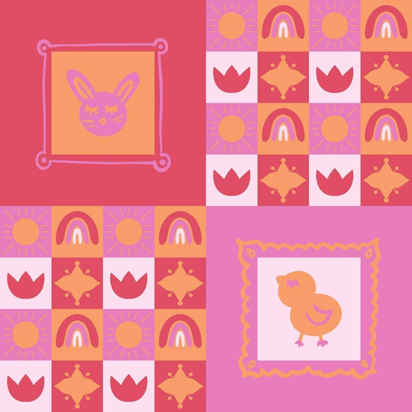Bold pink aesthetic collage with chicken, bunny, tulips, sun and rainbow in hand drawn frames