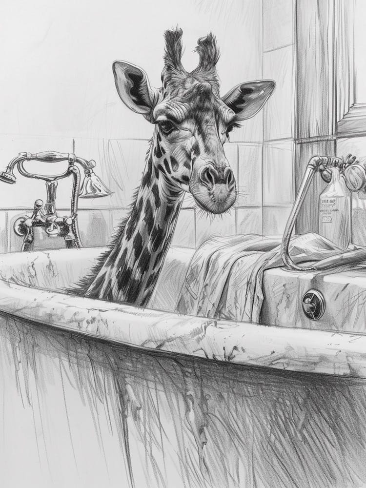Giraffe In The Bath Pencil Drawing 3