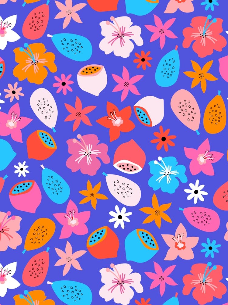 Bright and Bold Tropical Fruits and Flowers - Pink Red Orange Blue
