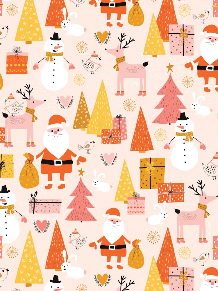 Happy Christmas Forest with Santa, Snowmen, Gifts, and Reindeer on Pastel Peach