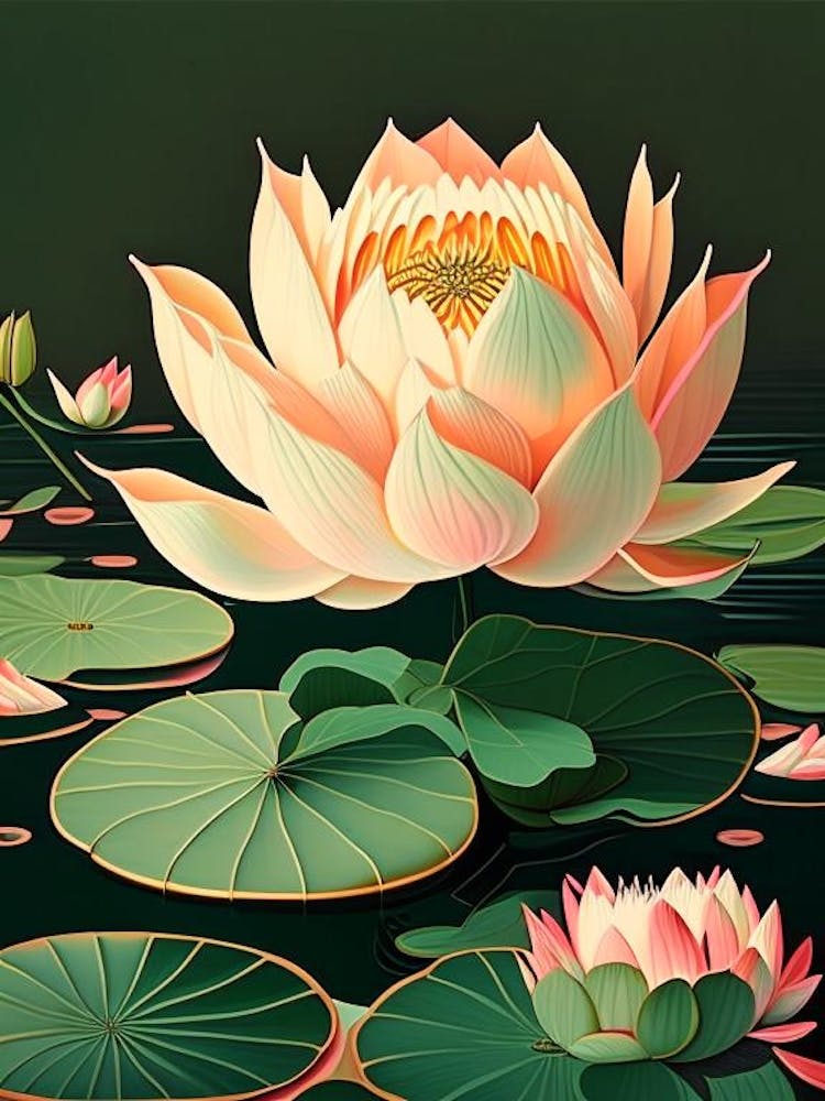 Blühende Lotusblume im See Retro Illustration 2
