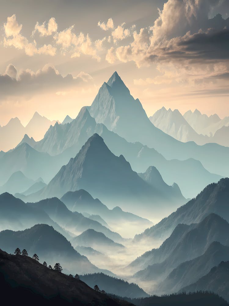 Mountain Peaks Under Pale Cloudy Sky Faded Tones
