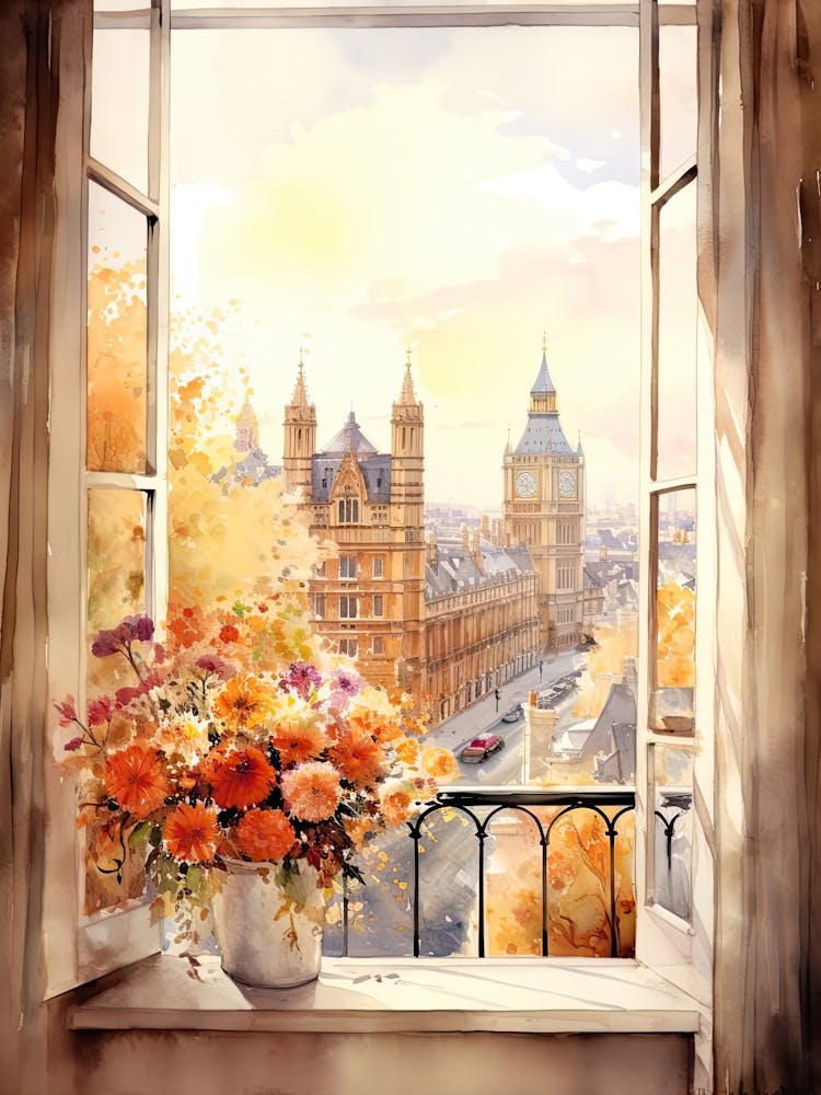 Window View Of London United Kingdom In Autumn Fall, Watercolour 2