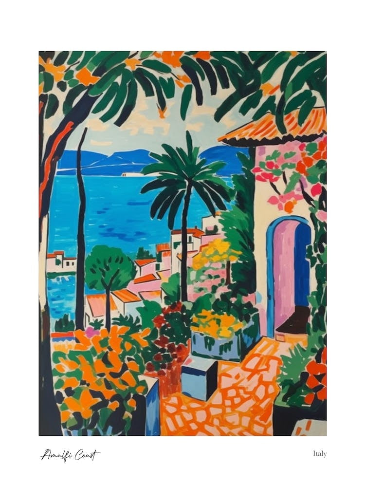Amalfi Coast Matisse Style, Italy 5 Watercolour Travel Poster
