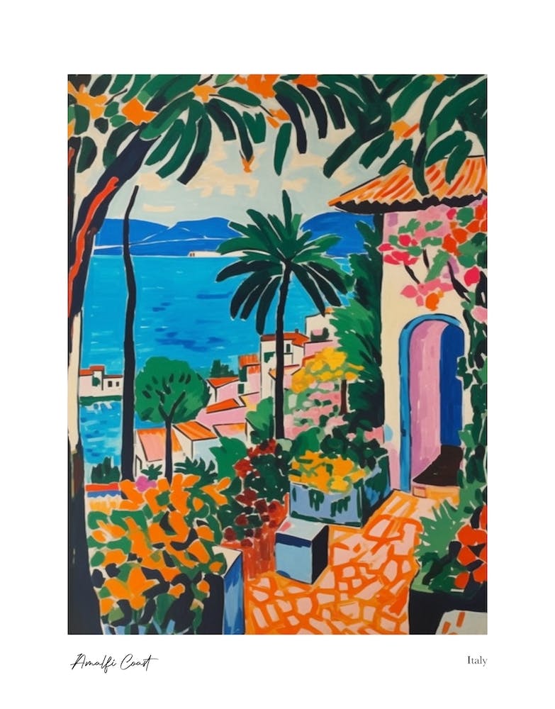 Amalfi Coast Matisse Style, Italy 5 Watercolour Travel Poster