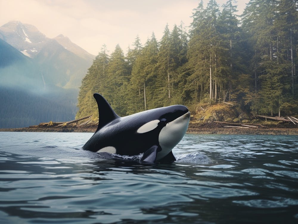 Realistic Forest Scene & Orca Whale Swimming In Sea