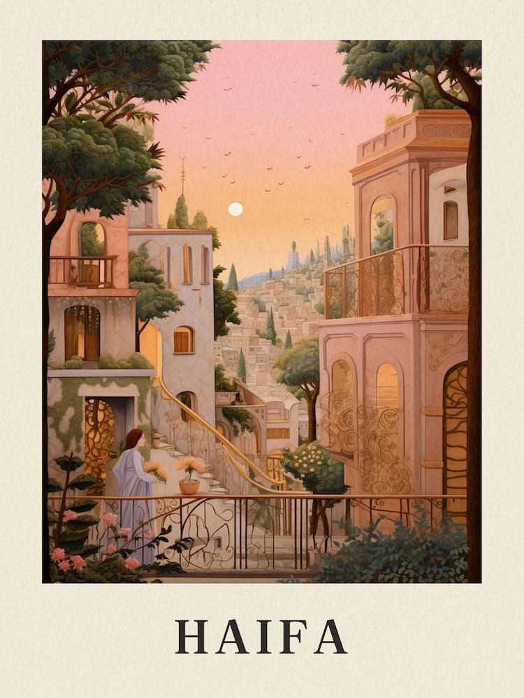 Haifa Israel 4 Vintage Pink Travel Illustration Poster