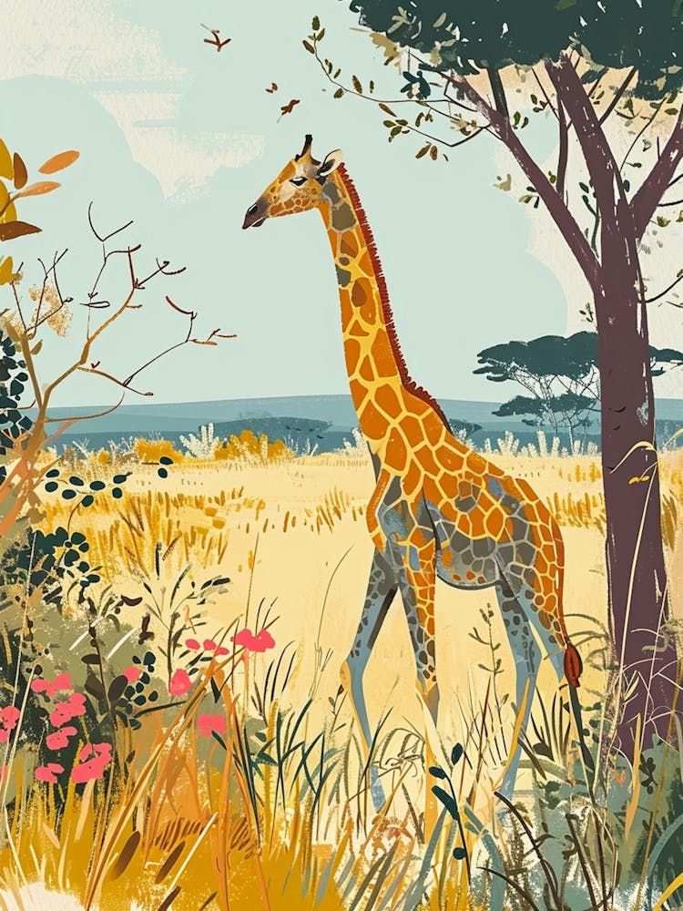 Cute Giraffe In The Leaves Watercolour Style Illustration 3