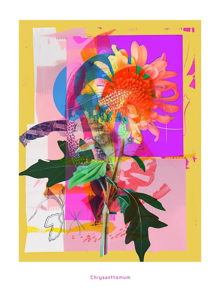 Chrysanthemum 3 Neon Flower Collage Poster