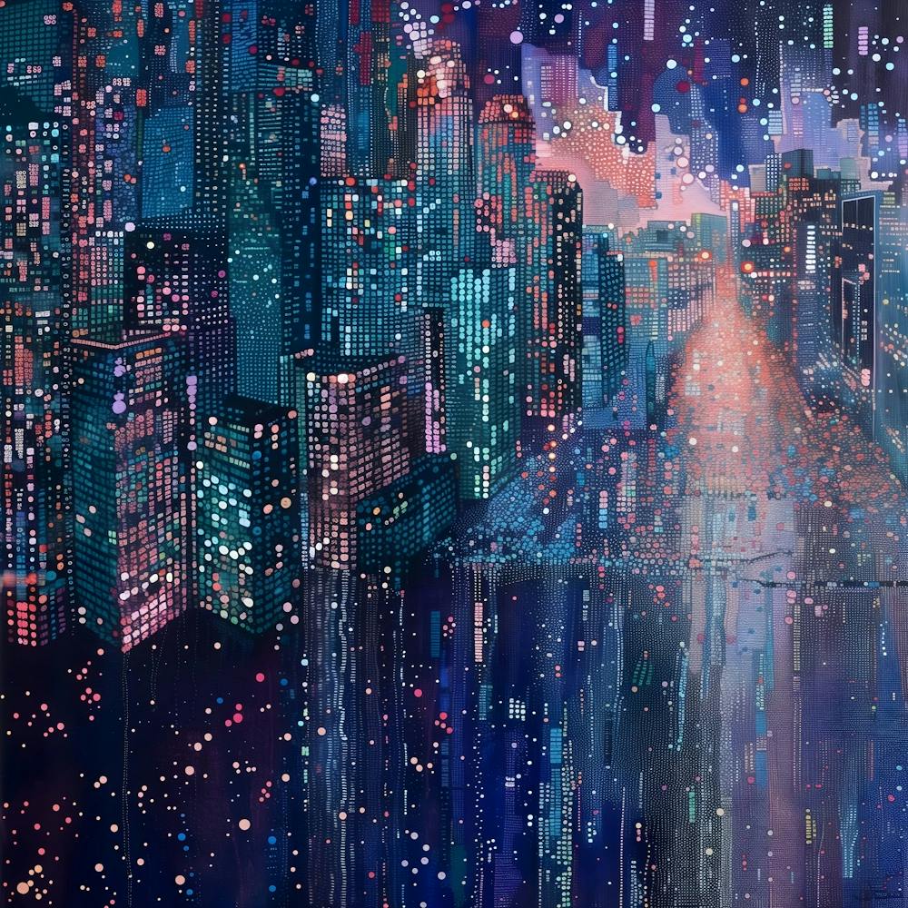 Cityscape At Night, Tiny Dots, Pointillism