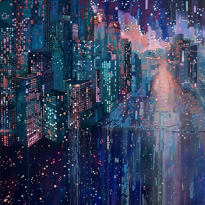 Cityscape At Night, Tiny Dots, Pointillism