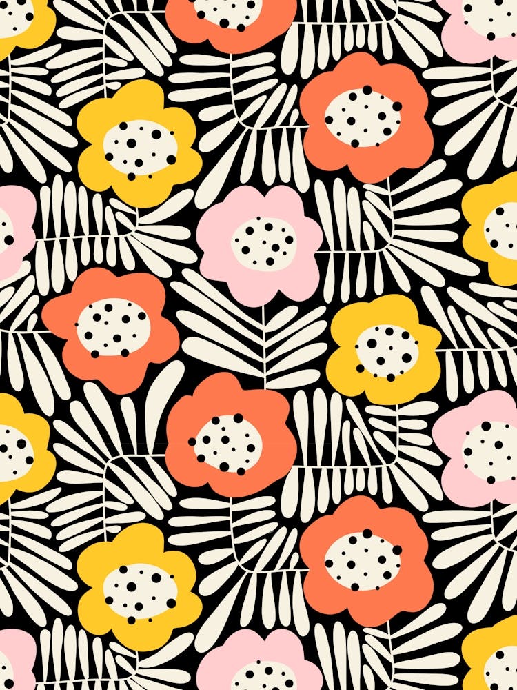 Climbing Flowers Retro Abstract Floral - Pink, Orange, Yellow, Black White