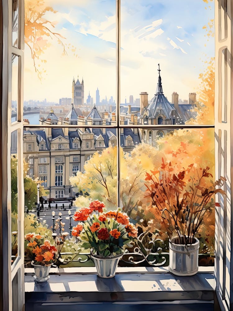 Window View Of London United Kingdom In Autumn Fall, Watercolour 1