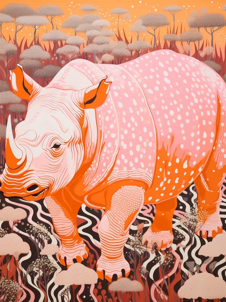 Linolschnitt-inspiriertes Rosa-Orange-Gelbes Nashorn 3