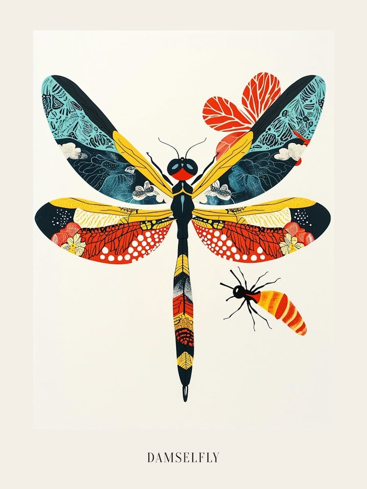 Colourful Insect Illustration Damselfly 1 Poster