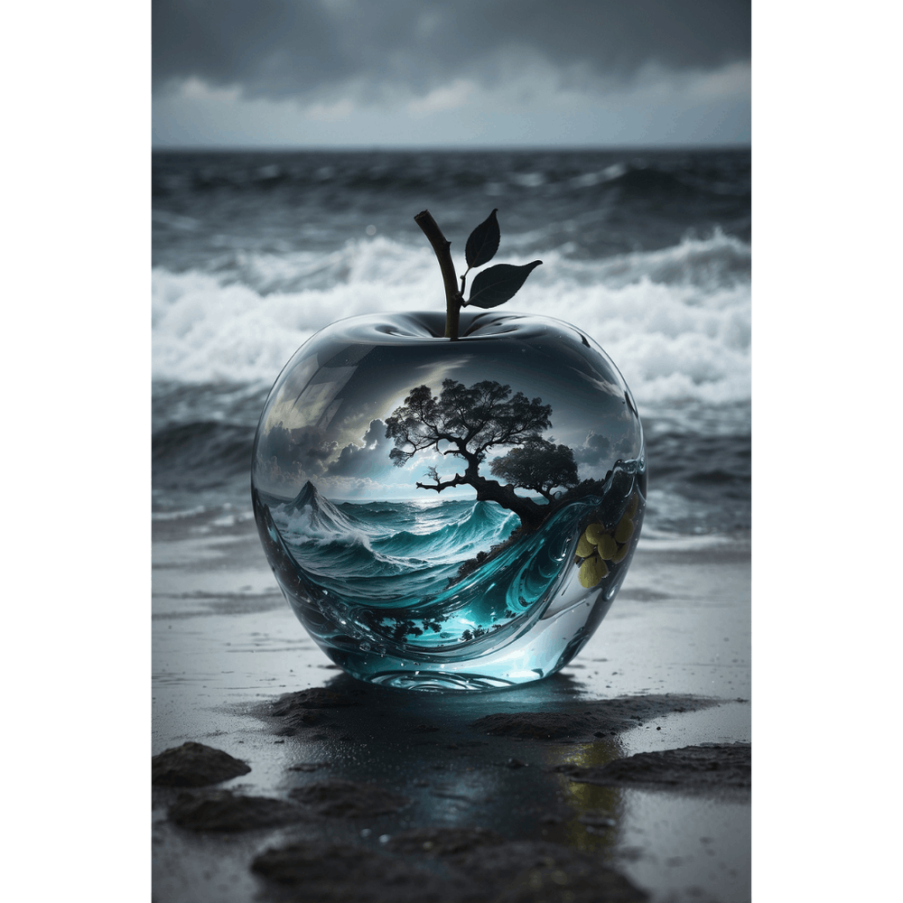 Apple Tree lovely double exposure image by blending together a stormy sea and a glass apple.