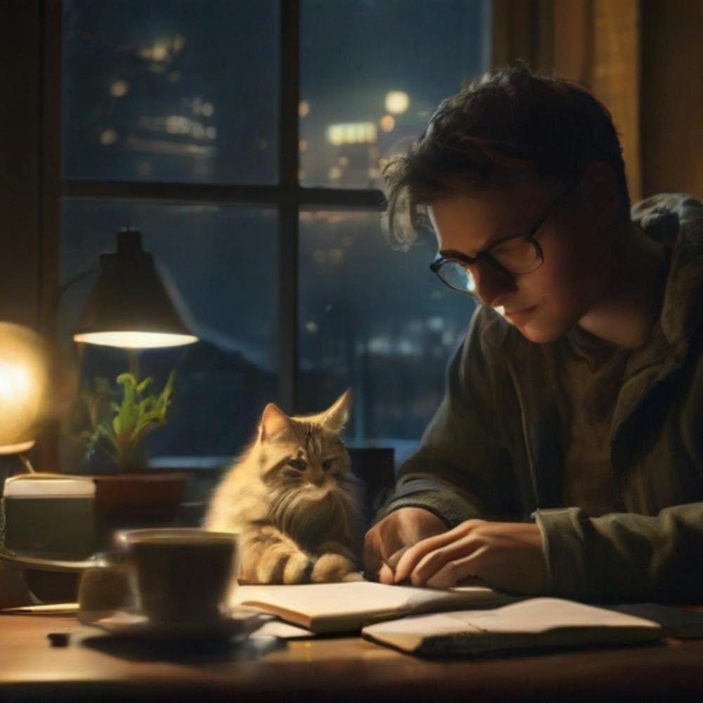 A person studying with a cat