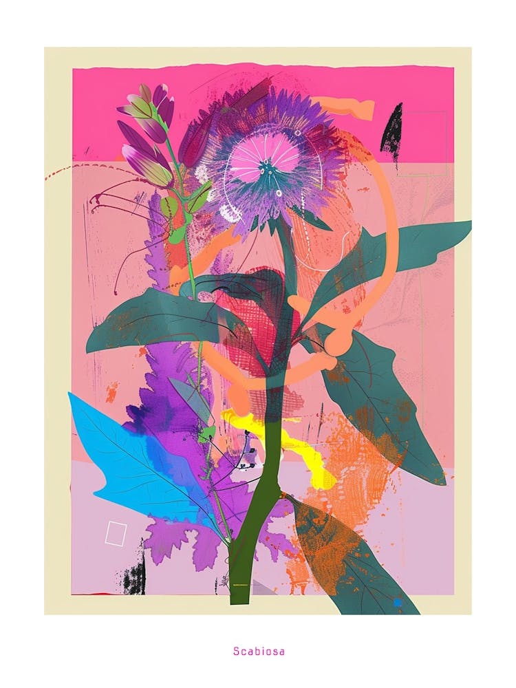 Scabiosa 2 Neon Flower Collage Poster