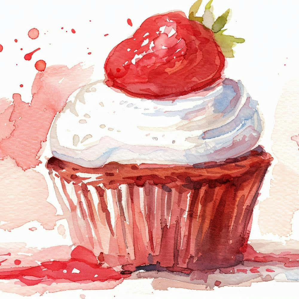 Strawberry Cupcake Watercolor Painting