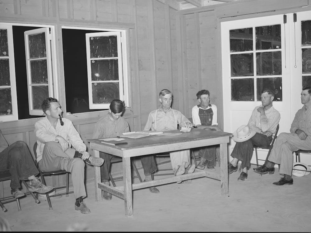 Meeting Of Camp Committee With The Camp Manager At Aqua Fria Migratory Labor Camp, Arizona, This Camp
