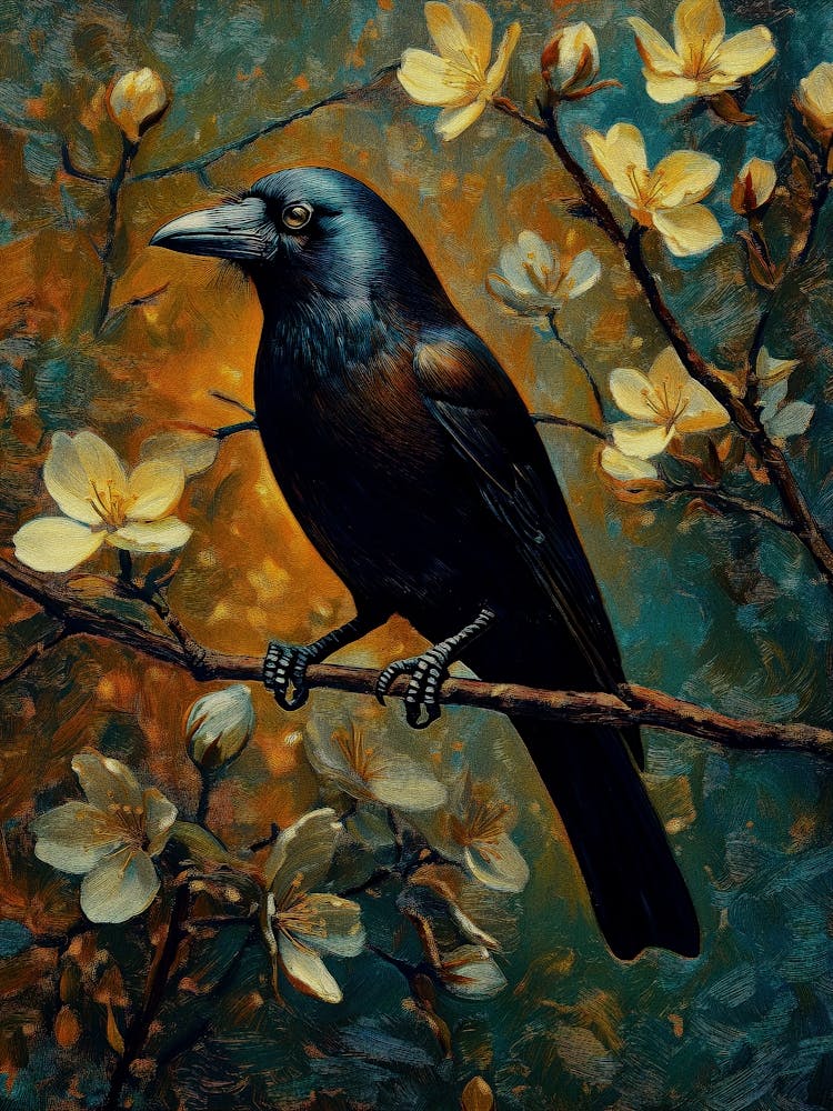 Crow and Blossoms Digital Wall Art - William Morris Elegant Oil Painting Style Artwork for Rustic and Nature-Inspired Decor