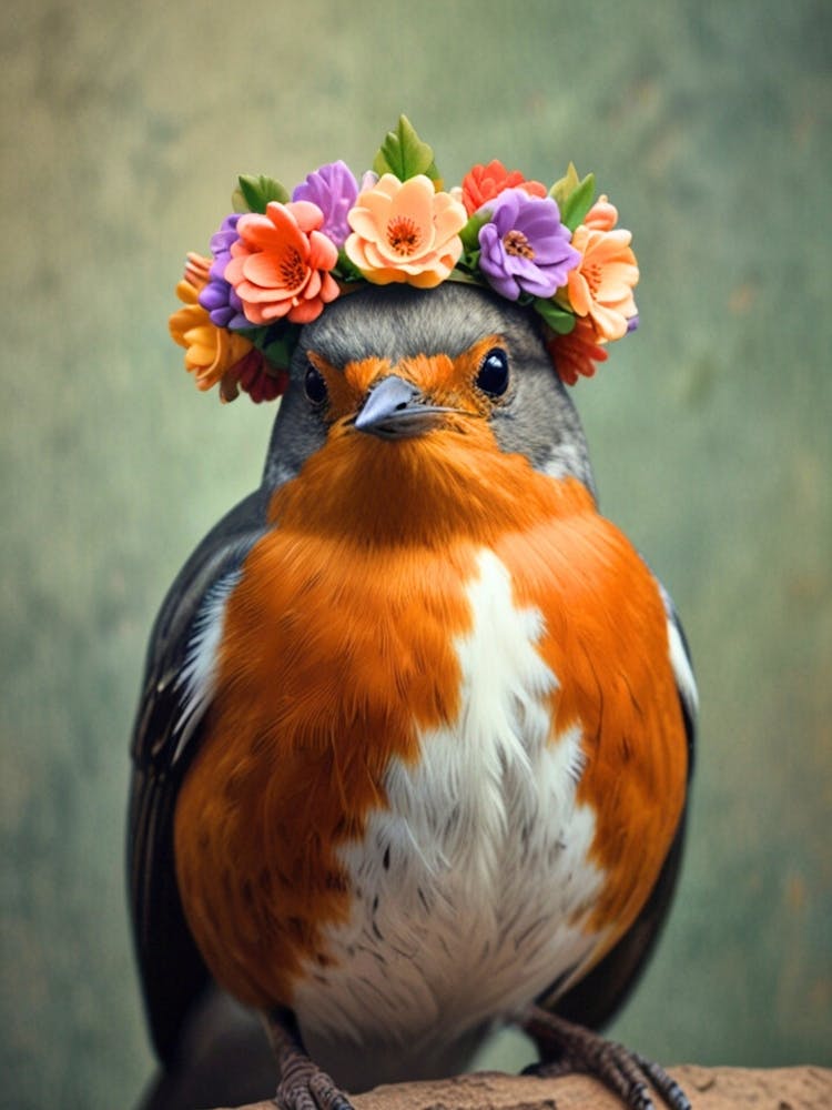 Robin With Flower Crown