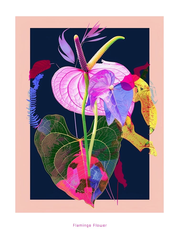 Flamingo Flower (Anthurium) 1 Neon Flower Collage Poster