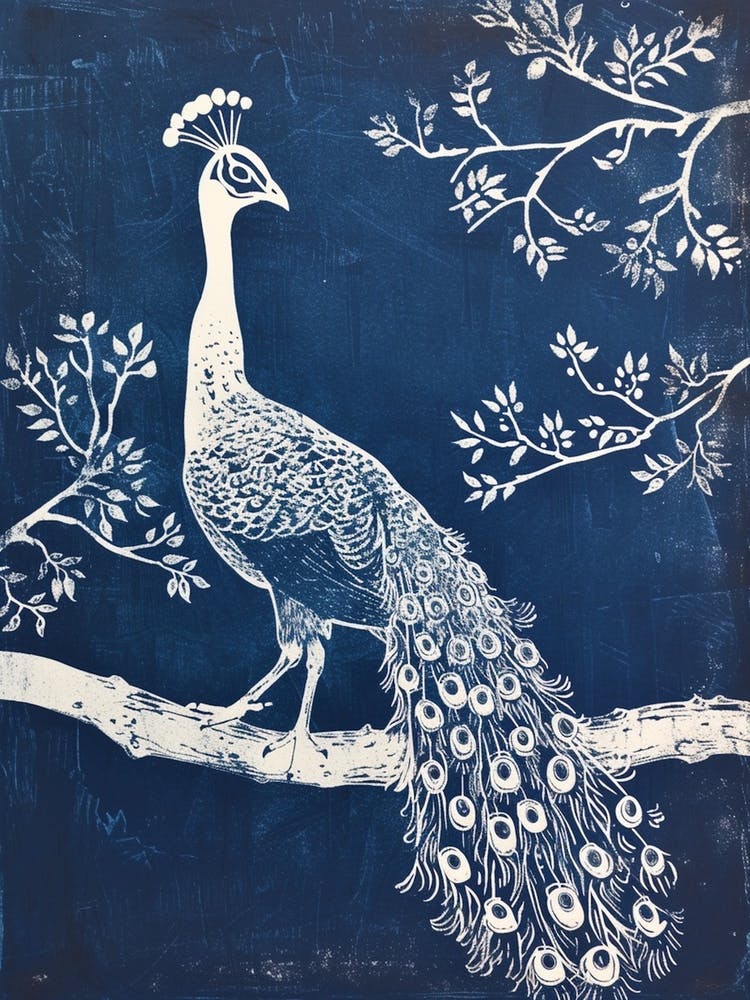 Navy Blue Linocut Inspired Peacock In A Tree 4