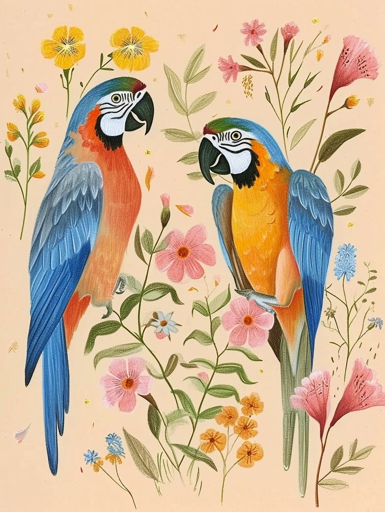 Folksy Floral Animal Drawing Macaw 3
