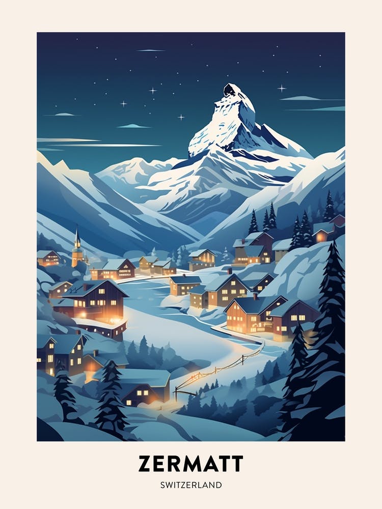 Winter Night  Travel Poster Zermatt Switzerland 1
