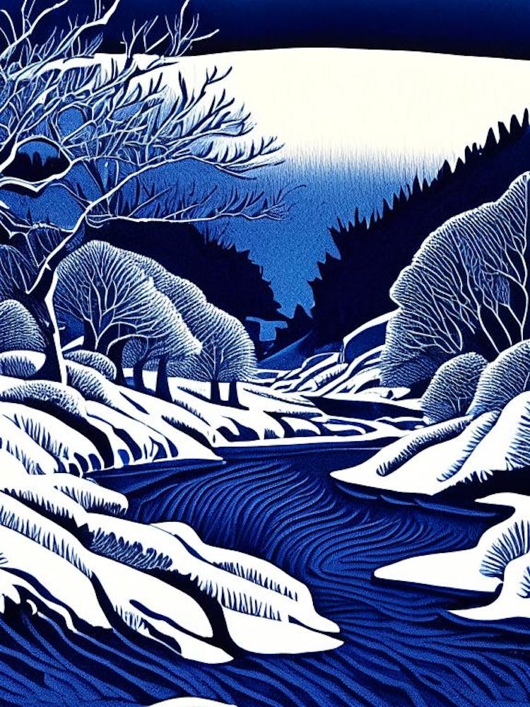 Frozen Landscapes With Icy Water Formations Waterscape Linocut 1