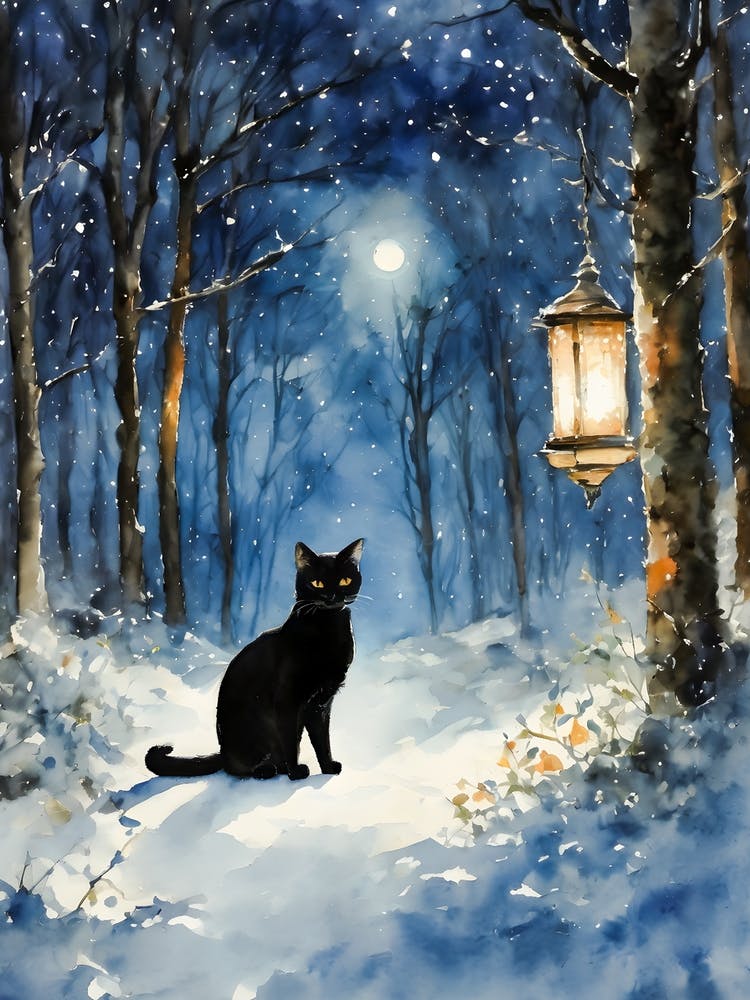 Black Cat In A Winter Forest at Twilight - Snow Christmas Yule Scene Snowy Lantern Trees - Witchy Witches Cats Lady Lovers Matisse Klimt Inspired Traditional Watercolor Home Room Art Wall Decor - Black Cat Travels Series by Lyra the Lavender Witch