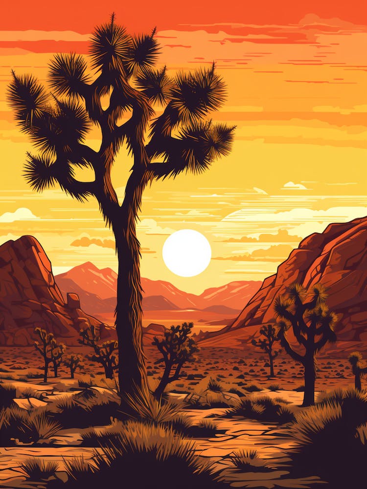 Retro-Illustration Eines Joshua Tree Bei Sonnenaufgang 1