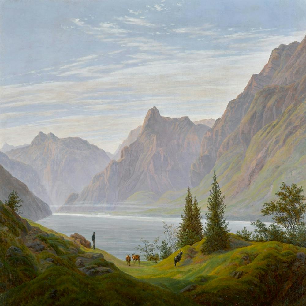 Landscape with Mountain Lake Morning.Caspar David Friedrich