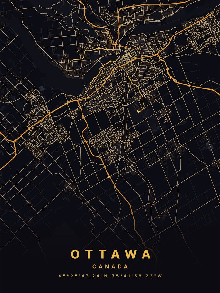 Ottawa Ontario Canada Black And Gold Map