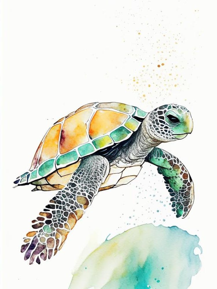 Foraging Sea Turtle, Sea Turtle Minimalist Watercolour 1