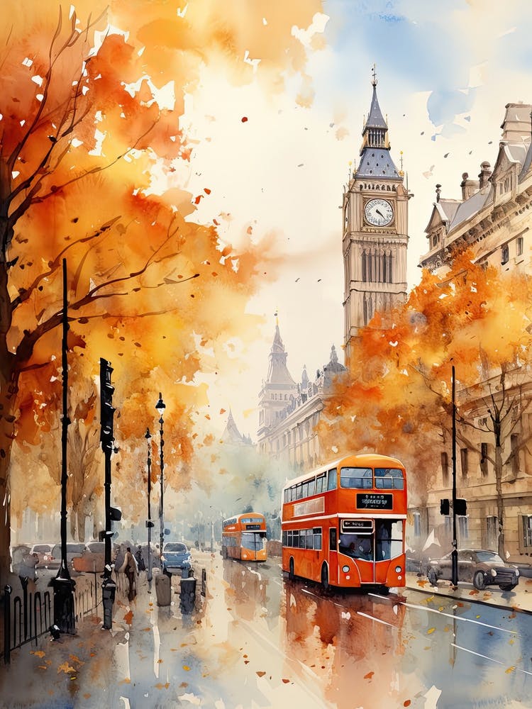 London United Kingdom In Autumn Fall, Watercolour 1