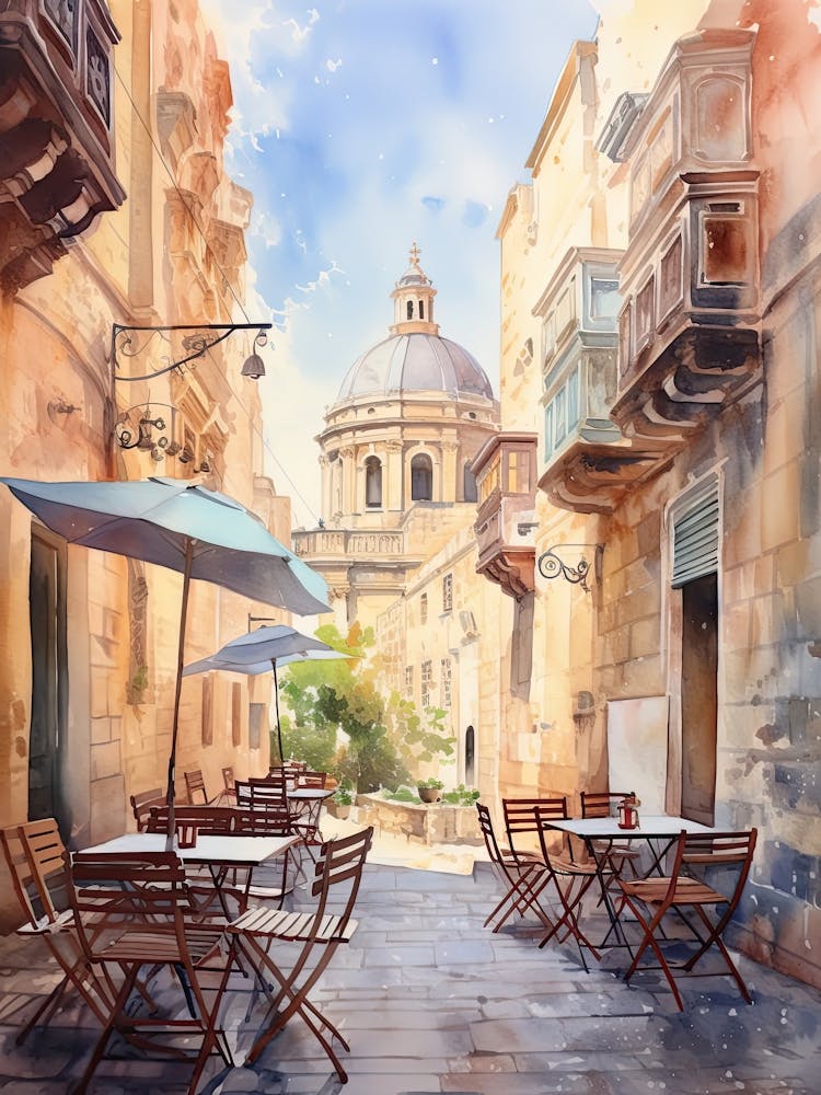 Valletta Malta In Autumn Fall, Watercolour 4