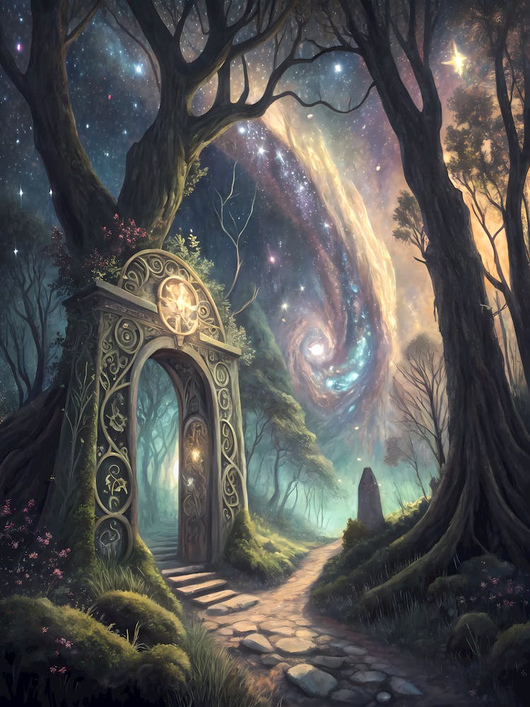 Oil Painting Style Celestial Forest Gateway Mystical Arch & Starry Sky