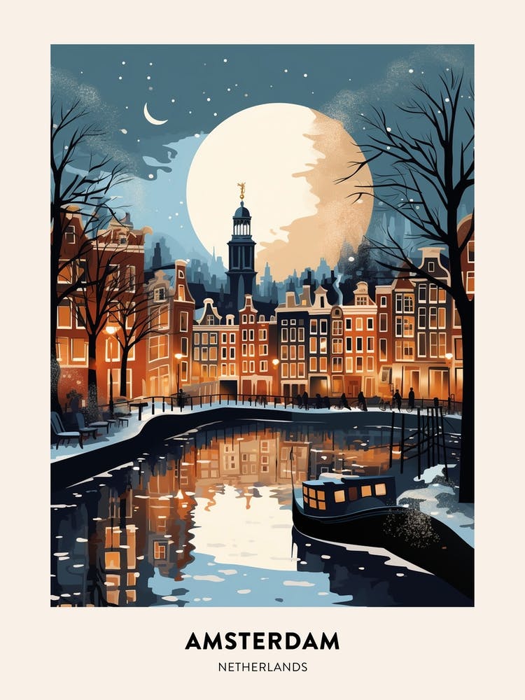 Winter Night  Travel Poster Amsterdam Netherlands 1