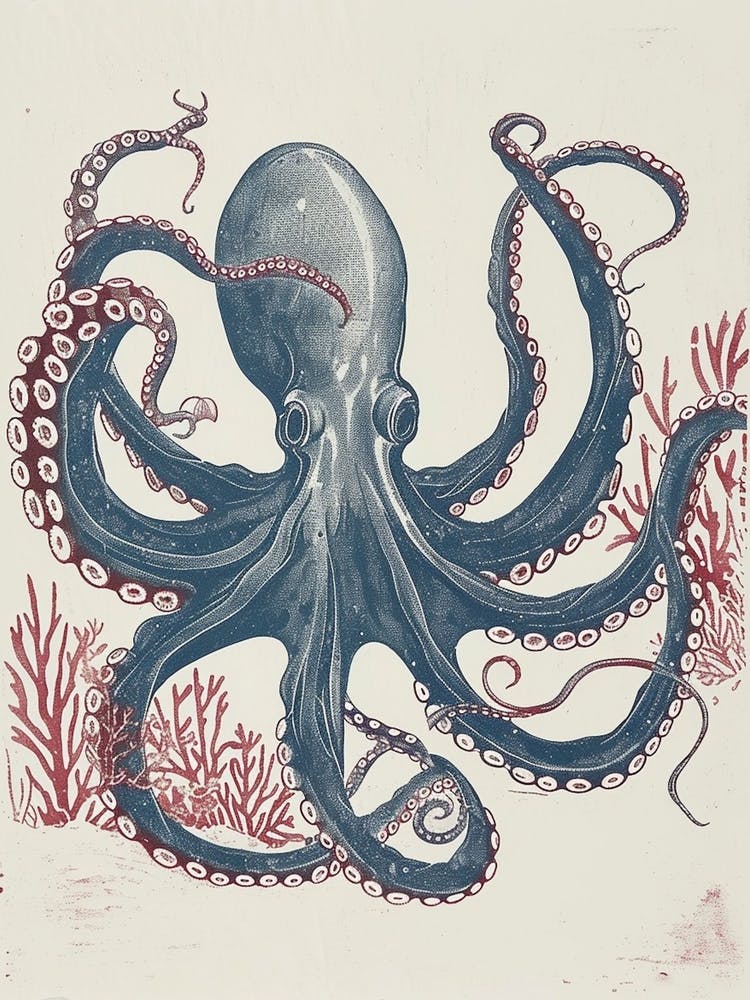 Red & Blue Octopus Retro Linocut Inspired 3